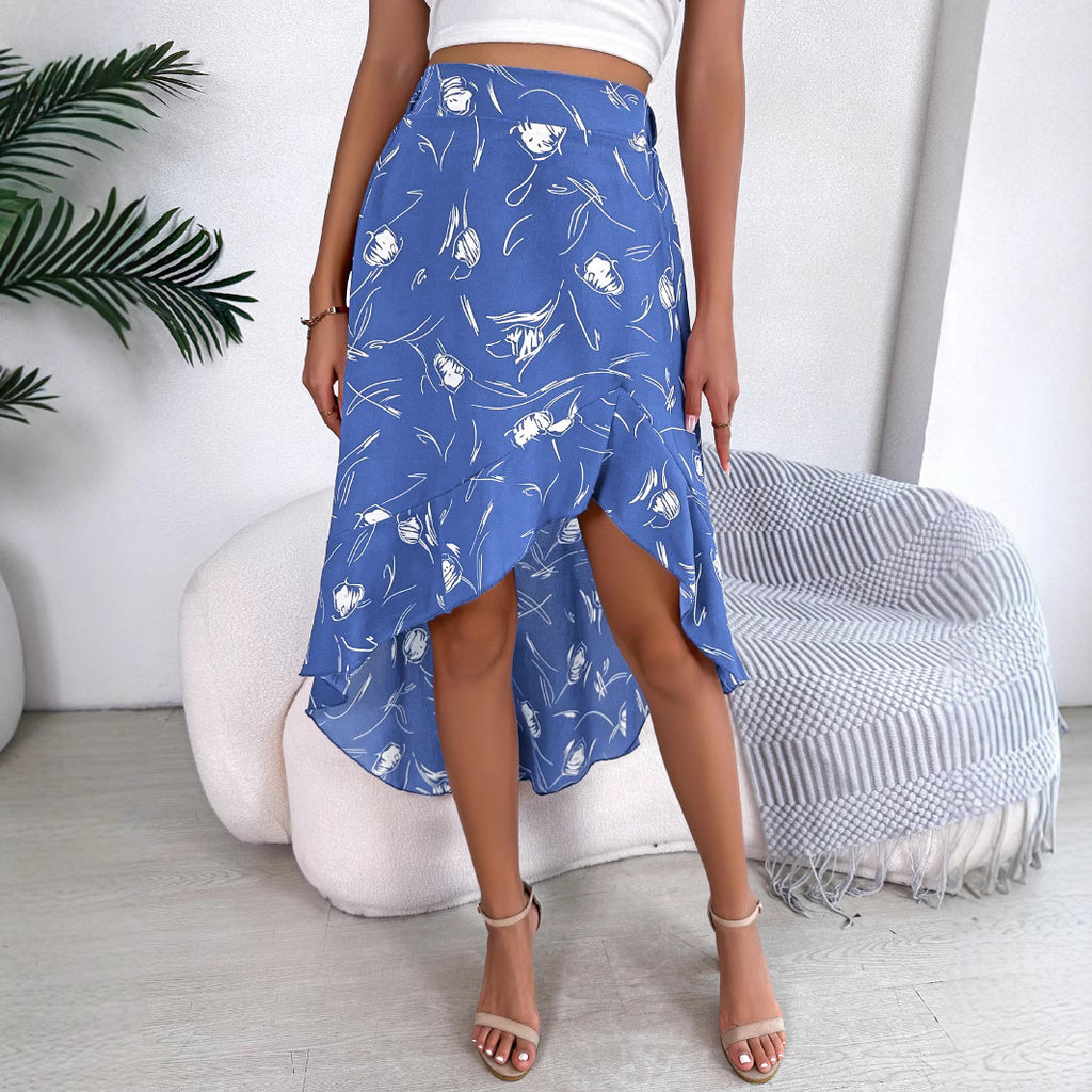 تنورة نسائية كاجوال متوسطة الطول بطبعة زهور وحافة مكشكشة | Womens Casual Mid-Length Skirt With Floral Print And Ruffled Hem