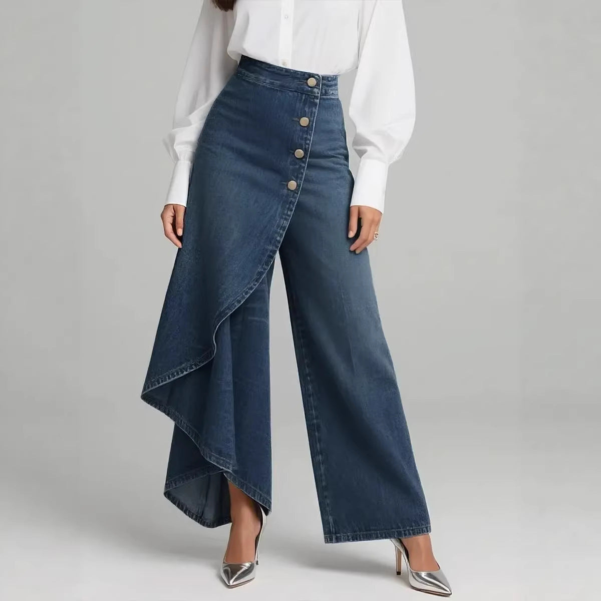 بنطلون نسائي أنيق بأزرار كبيرة | Unique Straight-leg Ruffled Buttons Faux Jeans Women