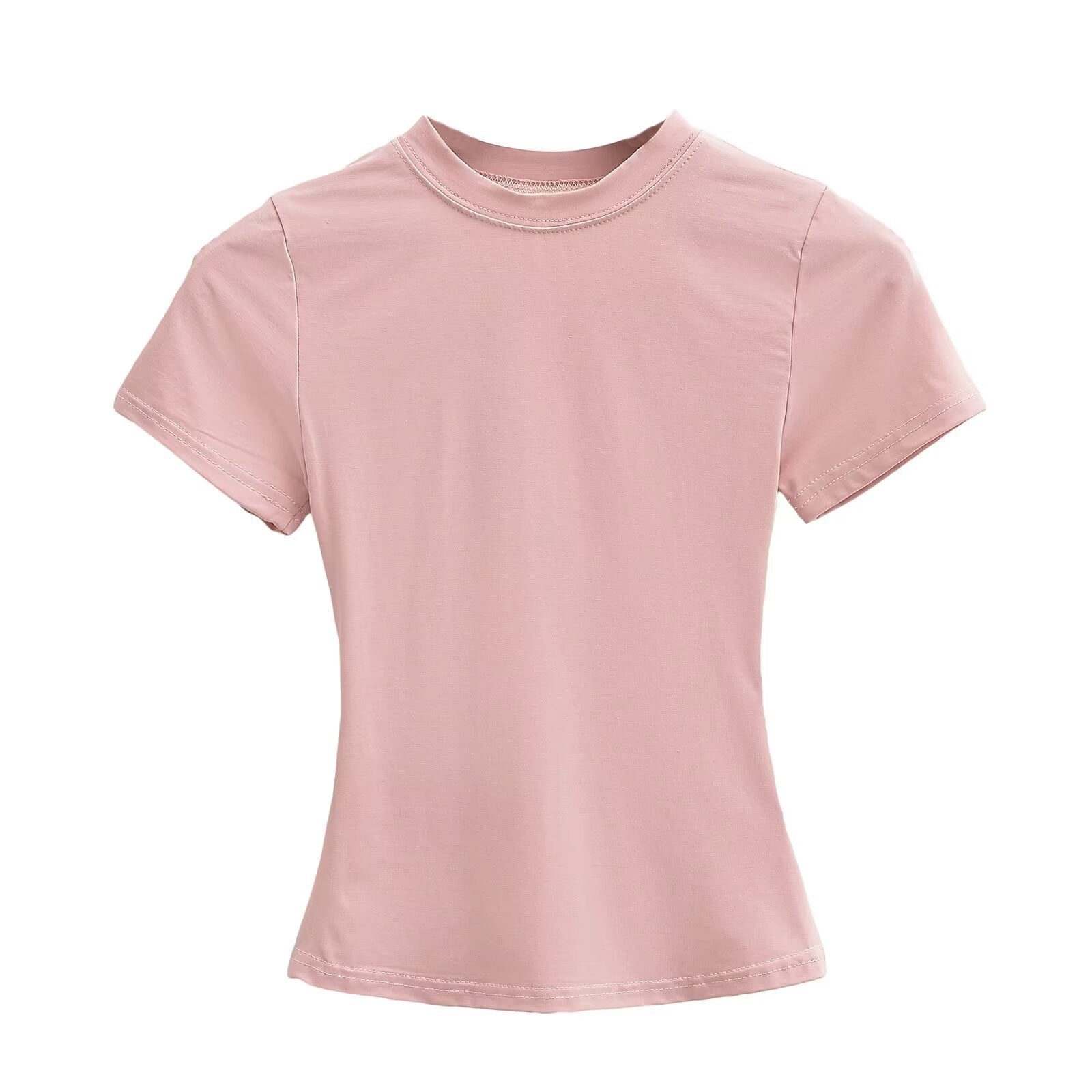 تيشيرت نسائي بياقة مستديرة وأكمام قصيرة | Solid Color Small Round Neck Elastic Shoulder Short Sleeve T-shirt