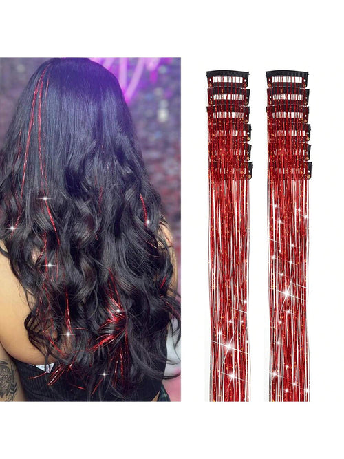 6Pcs Shiny Hair Clips, 23.6 Inch Sequin Hair Extensions Clips, Heat Resistant Glitter Hair Accessories, for Women (Red)