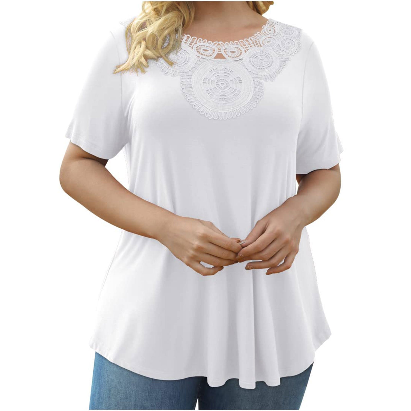 توب نسائي مقاس كبير بأكمام قصيرة ودانتيل مطوي | Women's Plus Size Short Sleeve Pullover Lace Pleated T-shirt Waist Top