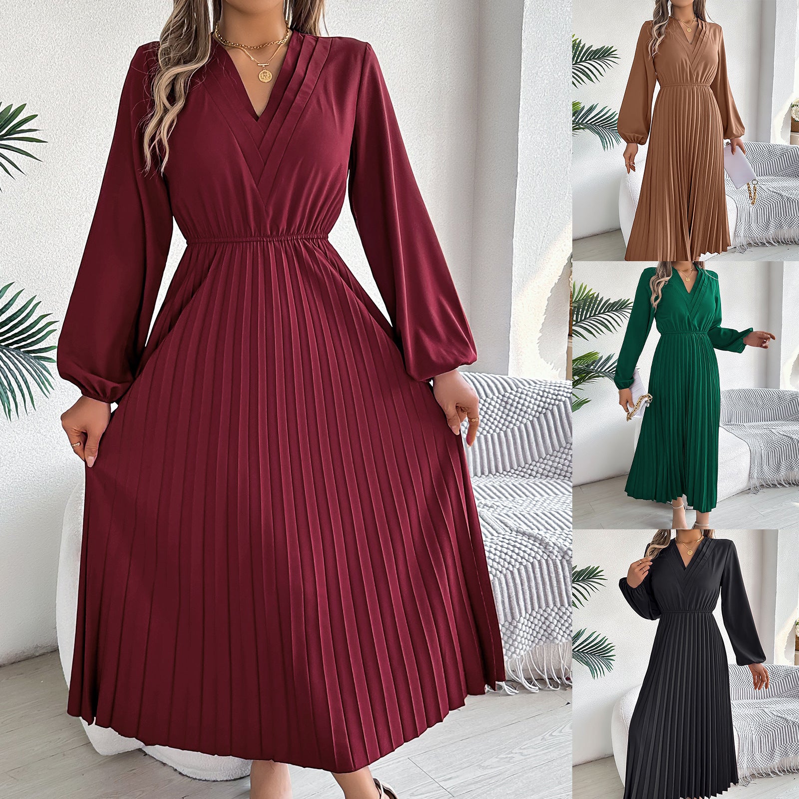 فستان نسائي طويل أنيق مطوي برقبة V وأكمام طويلة | Elegant Womens Long Pleated Dress With A Triple V-Neck Long Sleeves And A Defined Waist