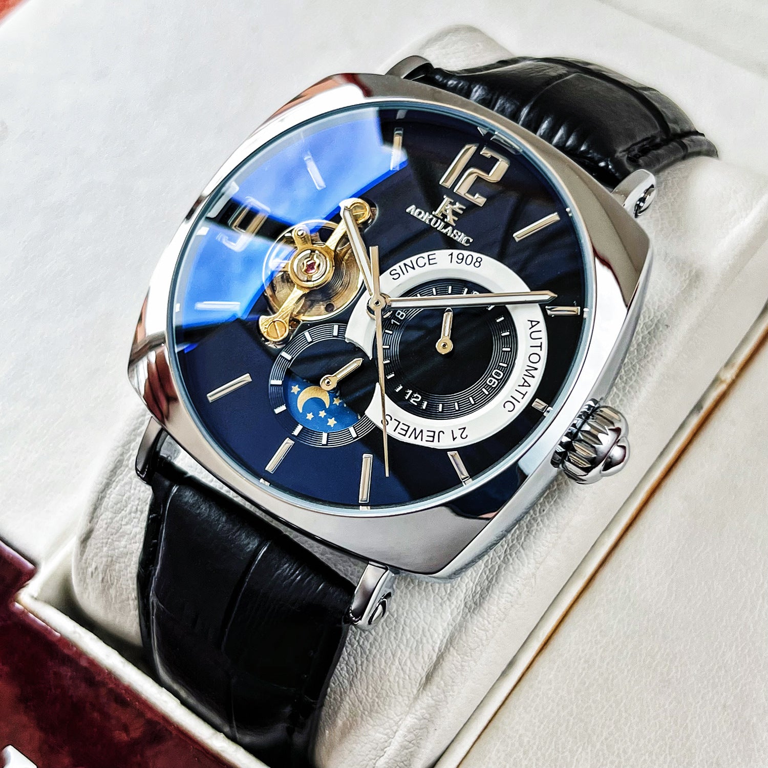 ساعة رجالية ميكانيكية أوتوماتيك مربعة كاجوال | Mens Square Fully Automatic Mechanical Watch Casual Mens Wristwatch