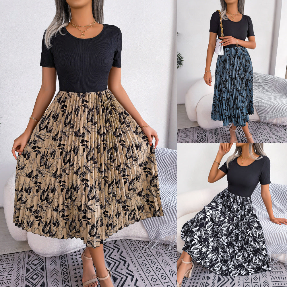 فستان نسائي كاجوال بطبعة أوراق عالي الخصر مطوي | Womens Casual Leaf-Print High-Waisted Pleated Midi Dress
