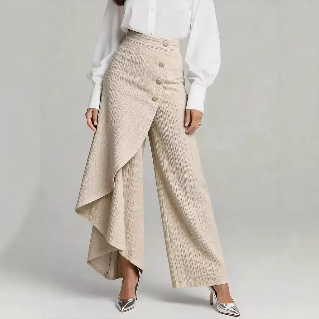 بنطلون نسائي أنيق بأزرار كبيرة | Unique Straight-leg Ruffled Buttons Faux Jeans Women