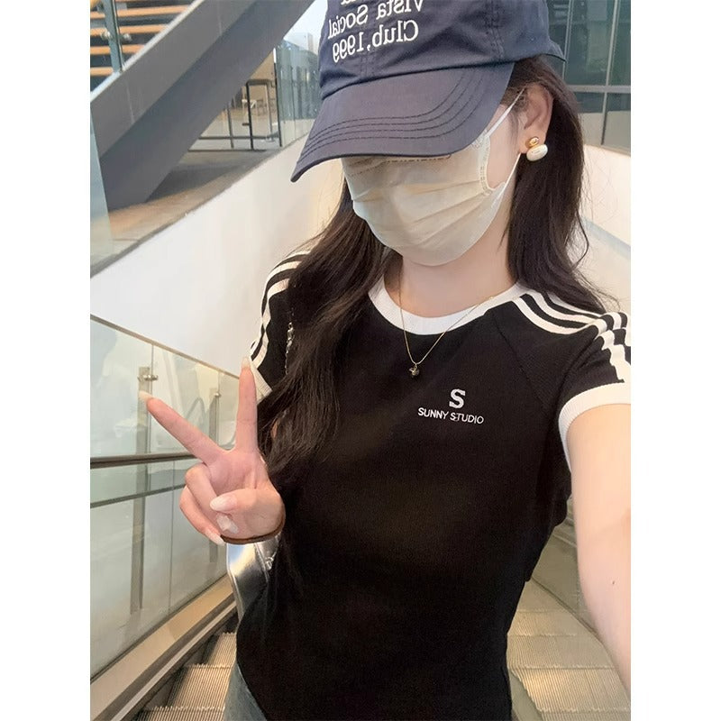 تيشيرت نسائي مطرز بياقة مستديرة | Female Bm Hot Girl Waist Embroidered Crew Neck Short Sleeve T-shirt Top