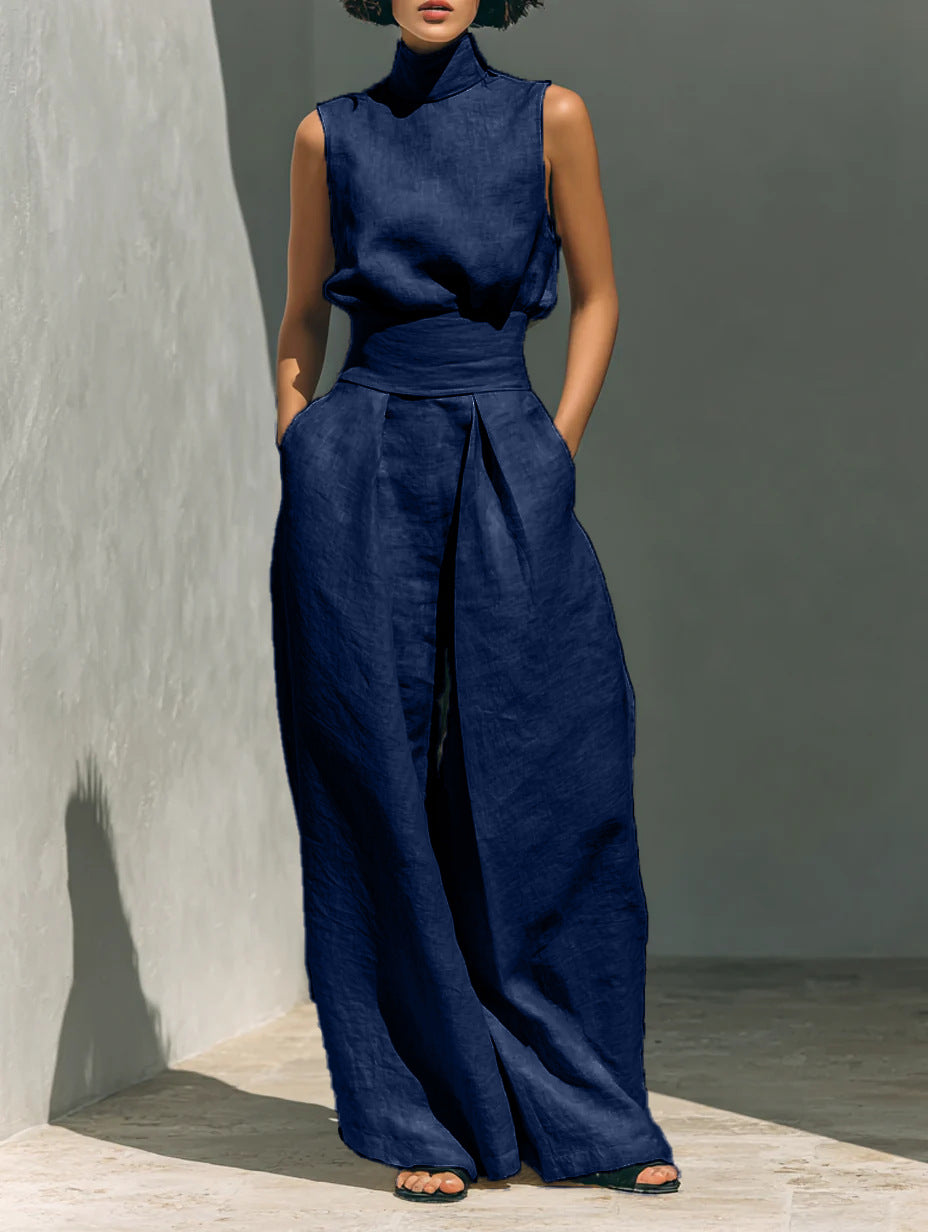 بدلة صيفية كاجوال بدون أكمام بياقة واقفة مع بنطال فضفاض | Casual Sleeveless Suit Summer Stand-up Collar Pullover Top And Loose Straight-leg Trousers