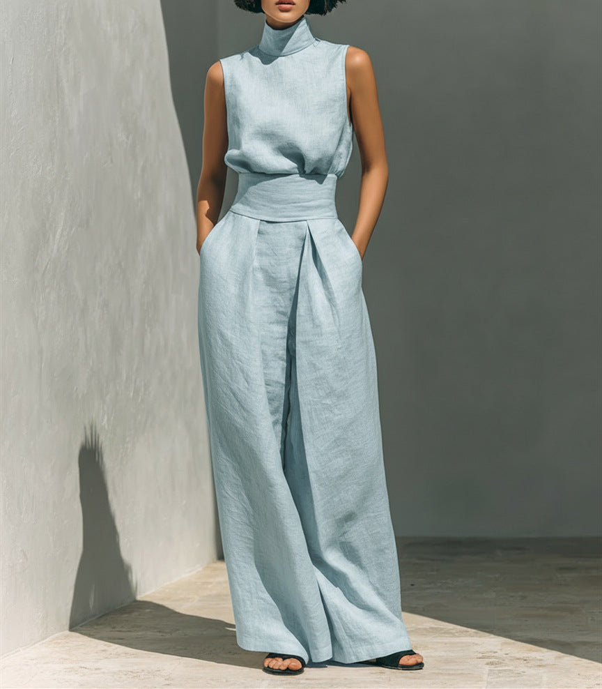 بدلة صيفية كاجوال بدون أكمام بياقة واقفة مع بنطال فضفاض | Casual Sleeveless Suit Summer Stand-up Collar Pullover Top And Loose Straight-leg Trousers