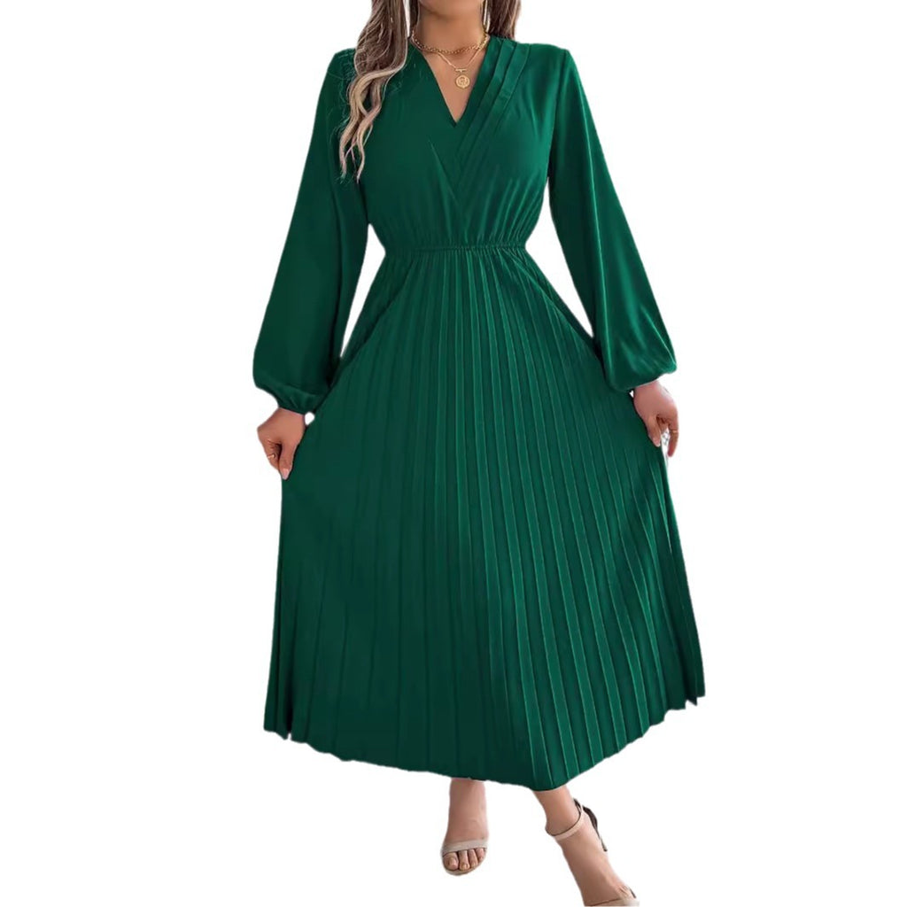 فستان نسائي طويل أنيق مطوي برقبة V وأكمام طويلة | Elegant Womens Long Pleated Dress With A Triple V-Neck Long Sleeves And A Defined Waist