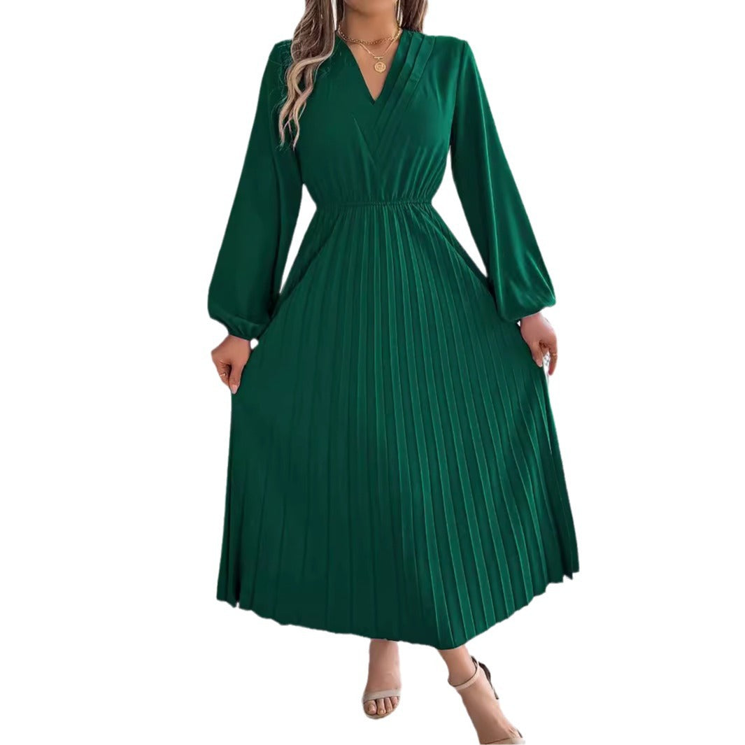 فستان نسائي طويل أنيق مطوي برقبة V وأكمام طويلة | Elegant Womens Long Pleated Dress With A Triple V-Neck Long Sleeves And A Defined Waist