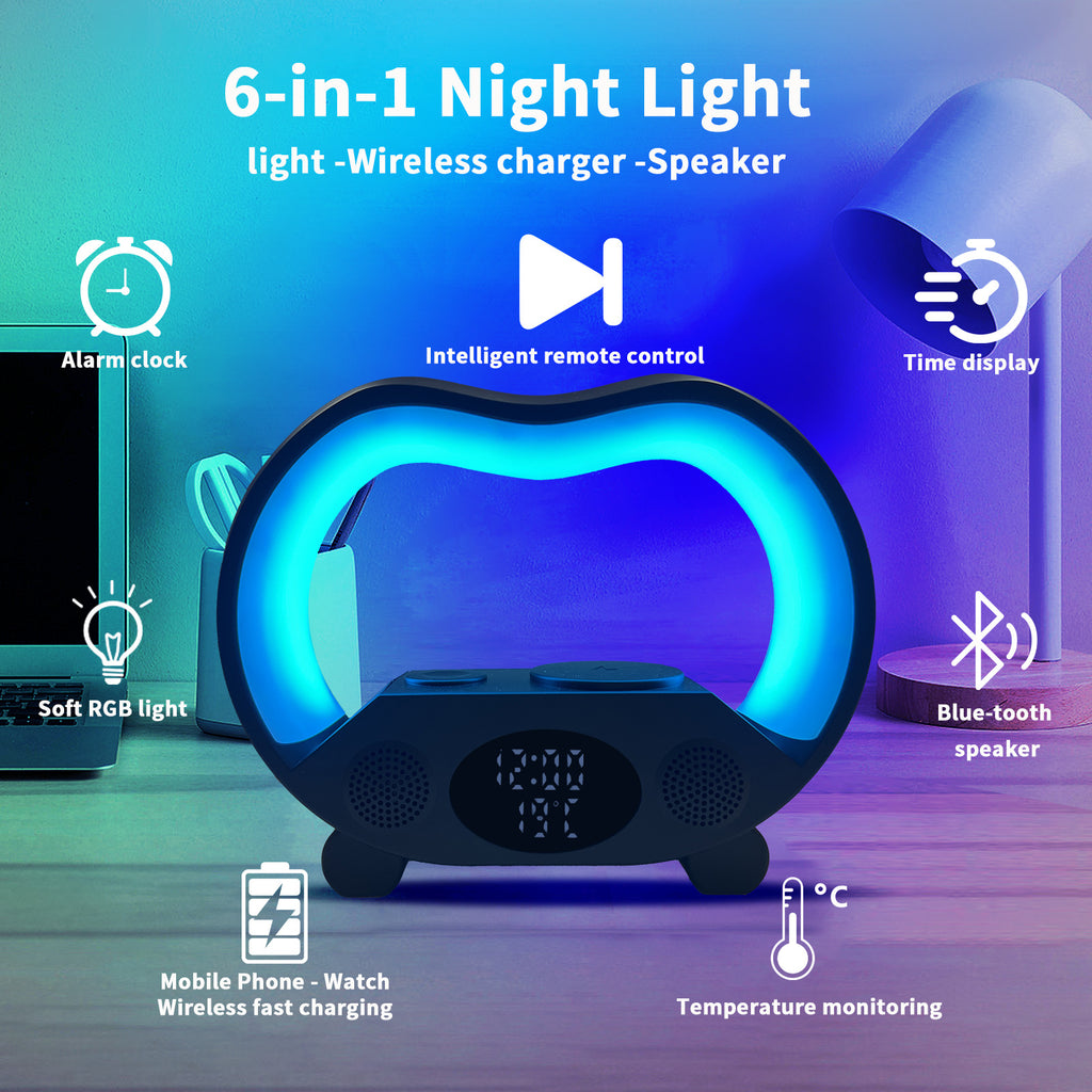 مصباح LED ذكي 6 في 1 مع شاحن لاسلكي وسماعة بلوتوث وتحكم عن بعد | New 6 In 1 Smart Remote Control Bluetooth-compatible Ambience Intelligent LED Table Lamp Multi-function Wireless Charger Night Light Bluetooth-compatible Speaker