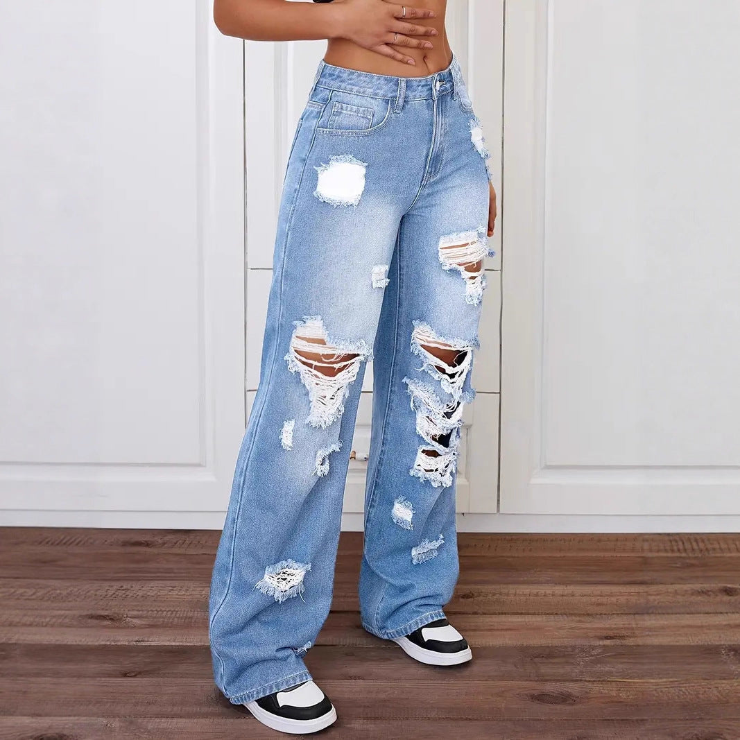 جينز نسائي ممزق ومغسول | Trendy Washed Ripped Straight Jeans For Women