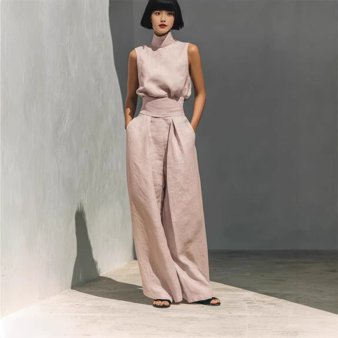 بدلة صيفية كاجوال بدون أكمام بياقة واقفة مع بنطال فضفاض | Casual Sleeveless Suit Summer Stand-up Collar Pullover Top And Loose Straight-leg Trousers
