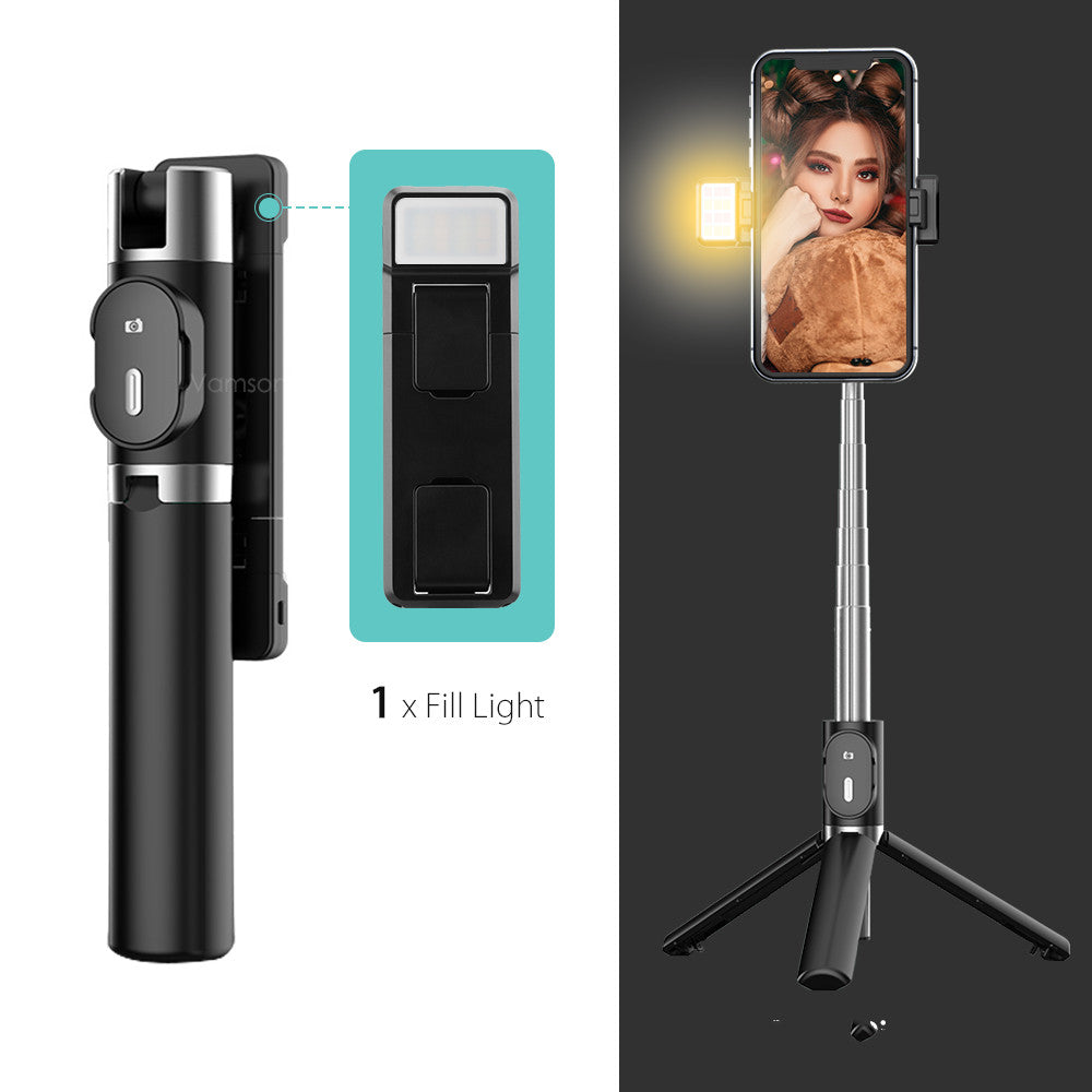 Compatible with Apple, Bluetooth Fill Light Selfie Stick Mobile Phone Integrated Tripod | عصا سيلفي بلوتوث مع إضاءة تصوير حامل ثلاثي متكامل للهواتف