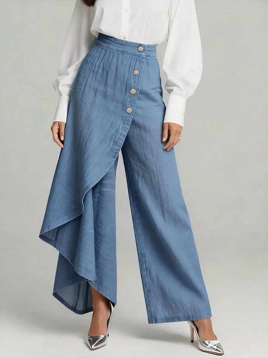 بنطلون نسائي أنيق بأزرار كبيرة | Unique Straight-leg Ruffled Buttons Faux Jeans Women