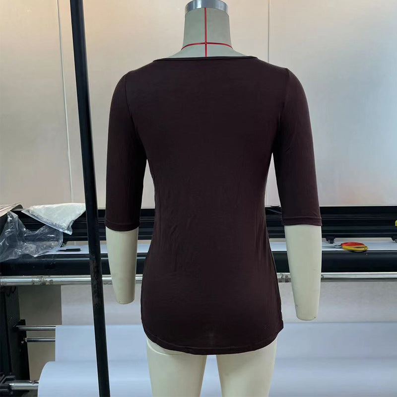 قميص صيفي بياقة V ولون سادة | Summer Pure Color Tight Casual Waist Tight V-neck Pullover Top