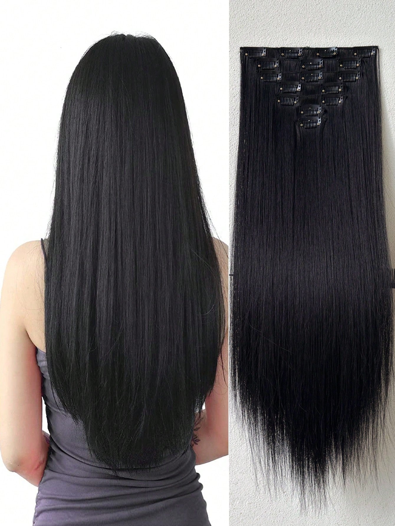 ZURO 16 Clips 22 Inch 7Pcs Black Straight Synthetic Hair Extensions for Women ZURO 16 مشبك – 22 إنش – 7 قطع – وصلات شعر صناعية مستقيمة سوداء للنساء