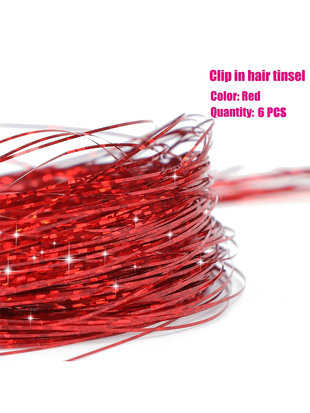 6Pcs Shiny Hair Clips, 23.6 Inch Sequin Hair Extensions Clips, Heat Resistant Glitter Hair Accessories, for Women (Red)