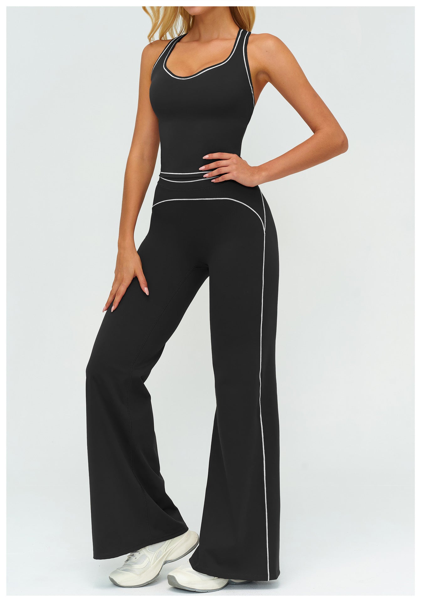 طقم يوغا نسائي بتوب بياقة V بدون أكمام وبنطال مستقيم صيفي | Womens Yoga Set V-neck Sleeveless Tops And Slim Straight Pants Summer Gym Sports