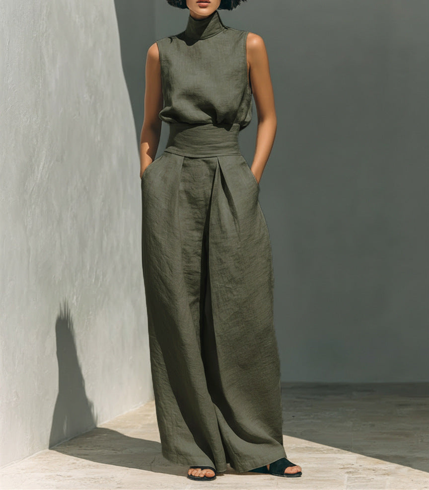 بدلة صيفية كاجوال بدون أكمام بياقة واقفة مع بنطال فضفاض | Casual Sleeveless Suit Summer Stand-up Collar Pullover Top And Loose Straight-leg Trousers