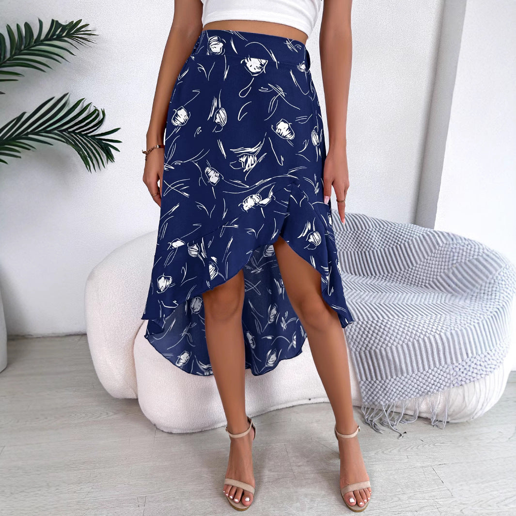 تنورة نسائية كاجوال متوسطة الطول بطبعة زهور وحافة مكشكشة | Womens Casual Mid-Length Skirt With Floral Print And Ruffled Hem