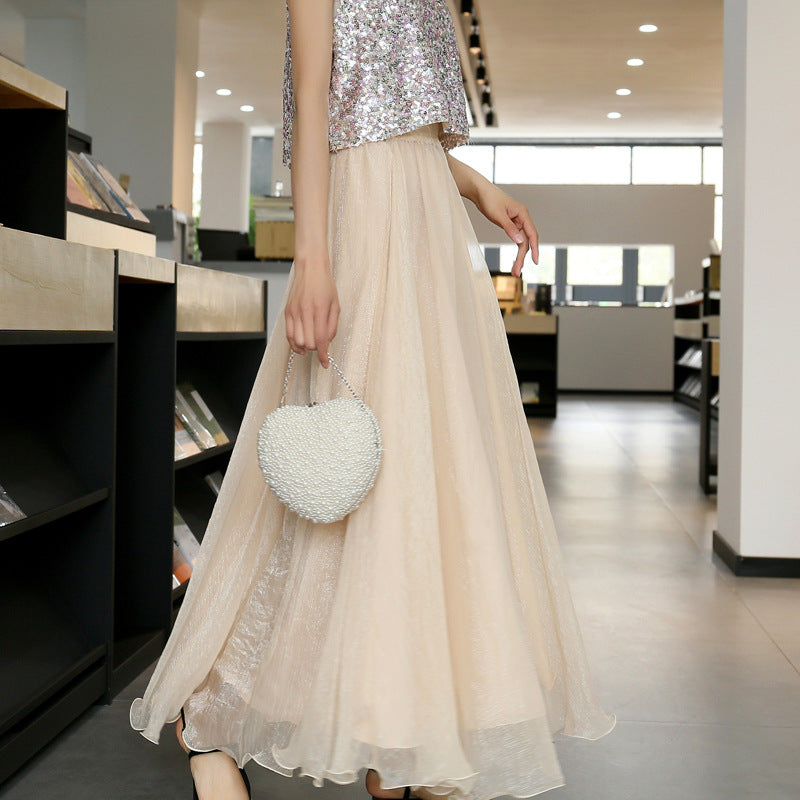 تنورة طويلة شبكية عالية الخصر واسعة | Womens Mesh High-waist Full-skirted Long Skirt