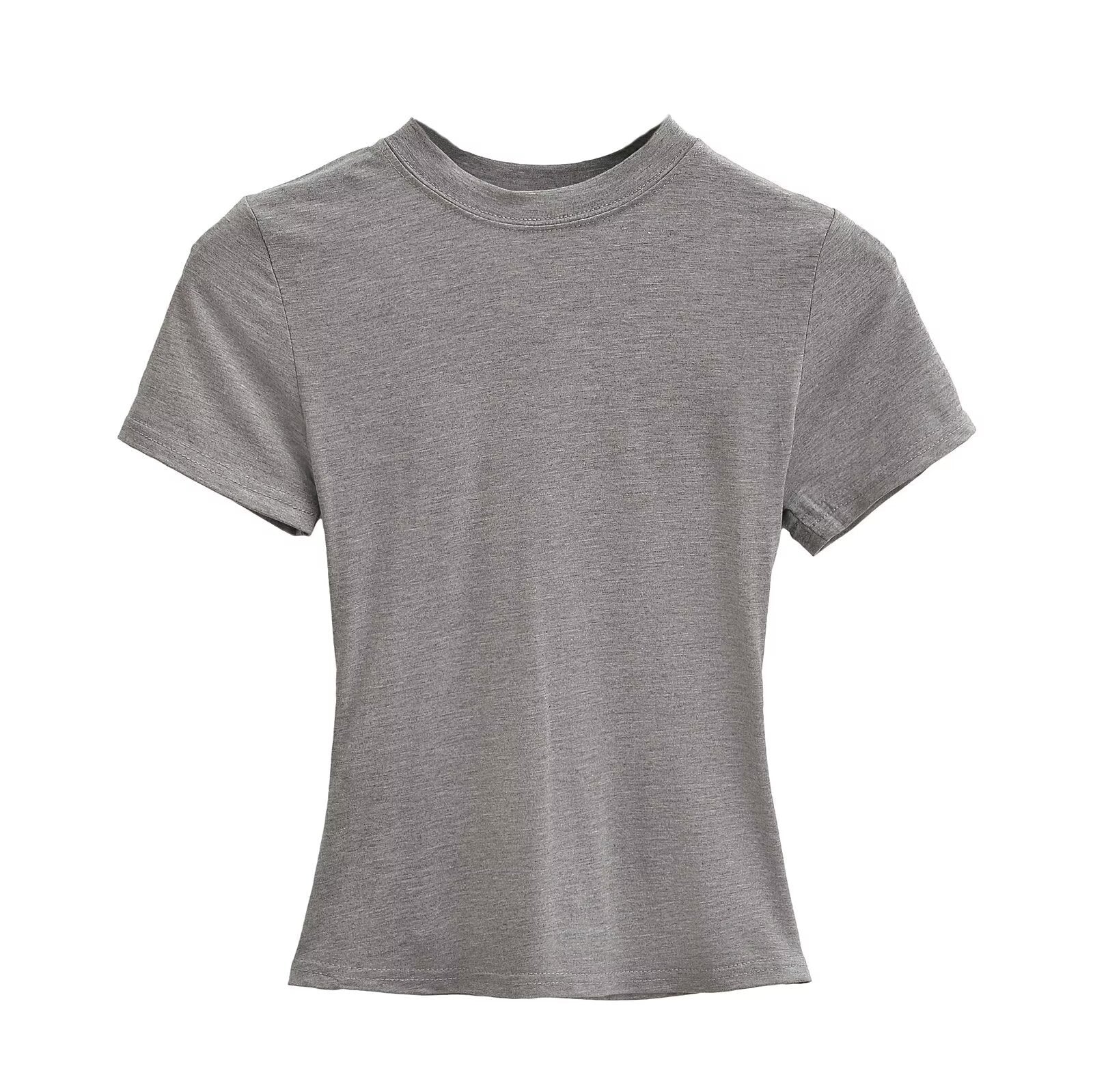 تيشيرت نسائي بياقة مستديرة وأكمام قصيرة | Solid Color Small Round Neck Elastic Shoulder Short Sleeve T-shirt