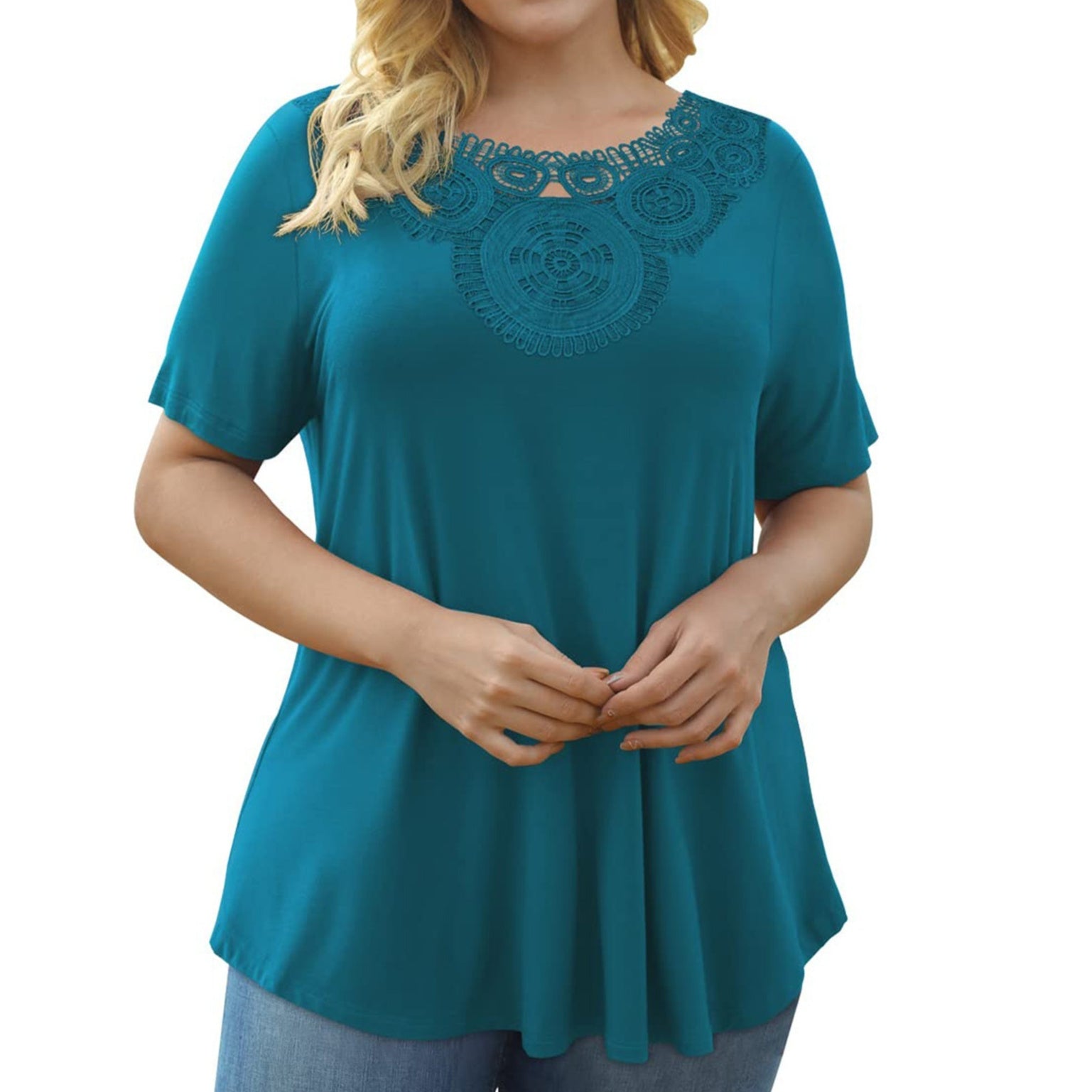 توب نسائي مقاس كبير بأكمام قصيرة ودانتيل مطوي | Women's Plus Size Short Sleeve Pullover Lace Pleated T-shirt Waist Top