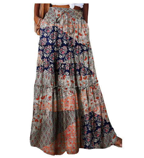 تنورة بوهيمية فضفاضة مطبوعة عالية الخصر | Bohemian-style Loose Casual Printed High-waisted Skirt