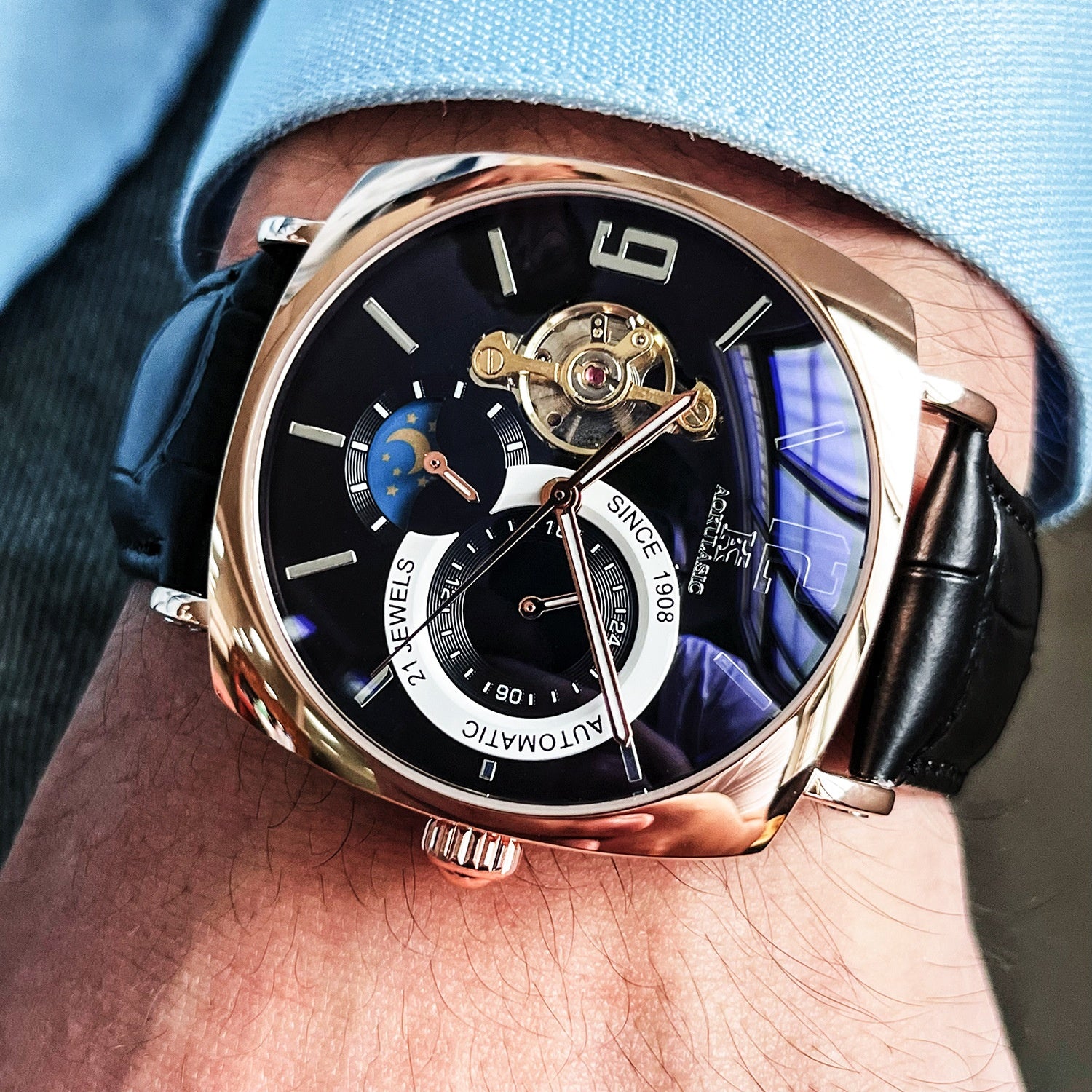 ساعة رجالية ميكانيكية أوتوماتيك مربعة كاجوال | Mens Square Fully Automatic Mechanical Watch Casual Mens Wristwatch