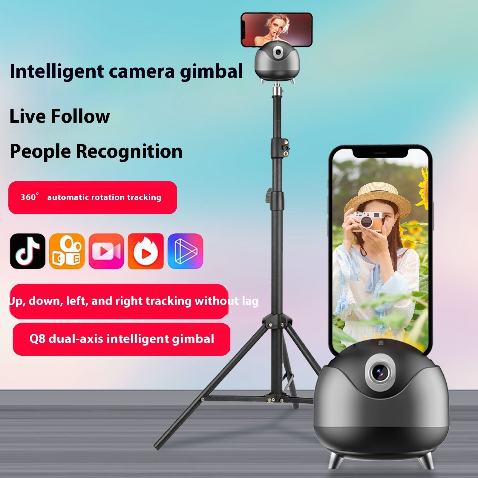 جيمبال Q8 ثنائي المحور ذكي بتقنية AI للتعرف على الوجه والتتبع التلقائي | New Dual-axis Q8 Intelligent AI Face Recognition Automatic Mobile Phone Tracking Head Stabilizer