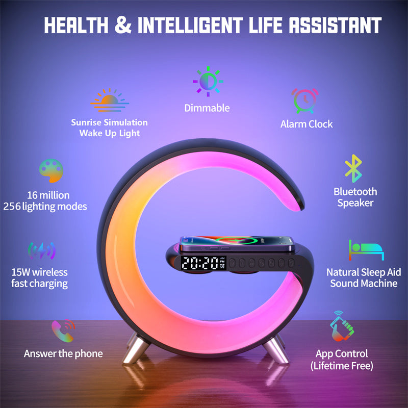 مصباح LED ذكي على شكل G مع سماعة بلوتوث وشاحن لاسلكي | New Intelligent G Shaped LED Lamp Bluetooth Speaker Wireless Charger
