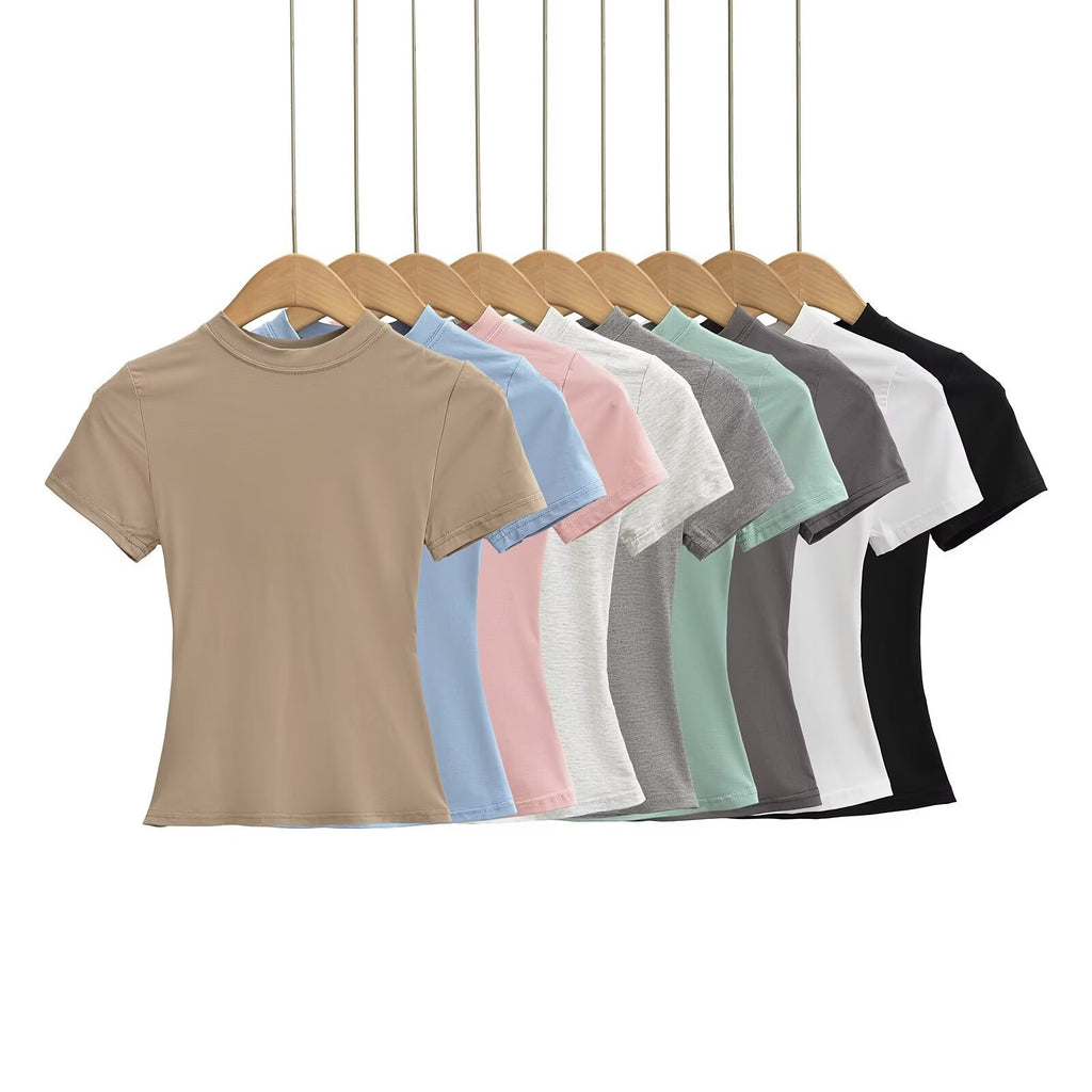 تيشيرت نسائي بياقة مستديرة وأكمام قصيرة | Solid Color Small Round Neck Elastic Shoulder Short Sleeve T-shirt