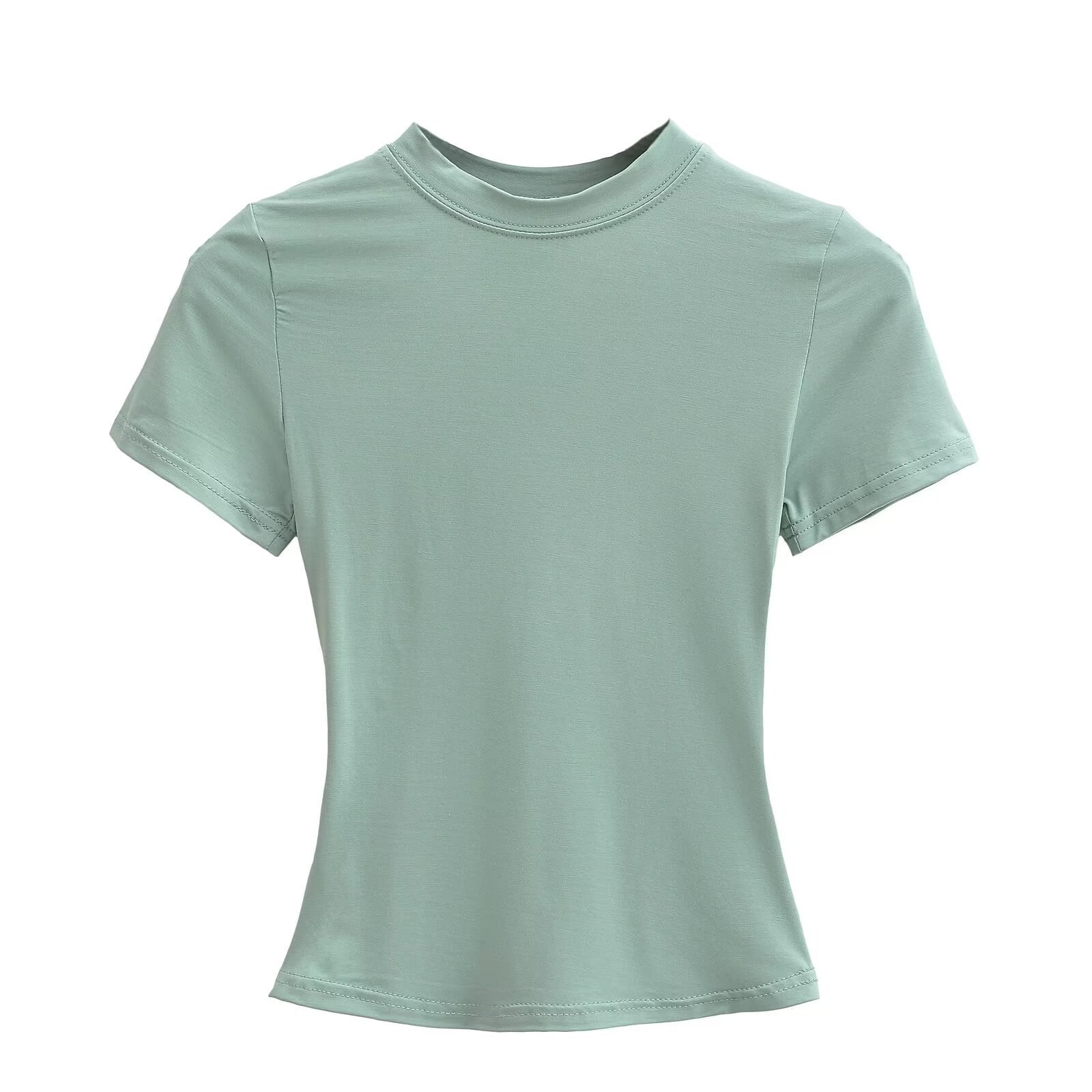تيشيرت نسائي بياقة مستديرة وأكمام قصيرة | Solid Color Small Round Neck Elastic Shoulder Short Sleeve T-shirt