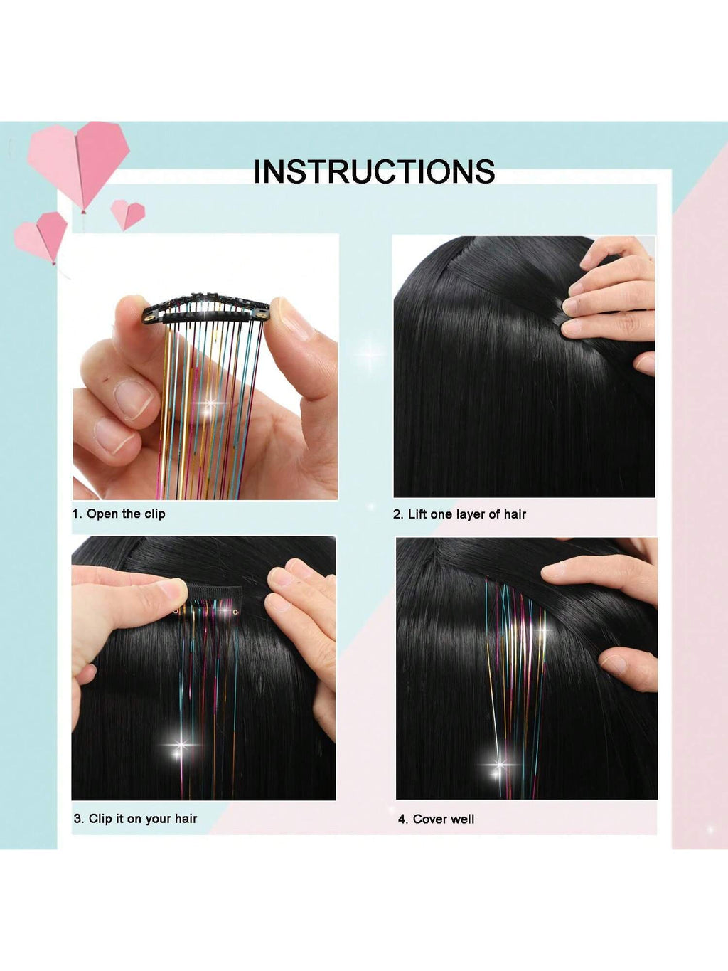 6Pcs Shiny Hair Clips, 23.6 Inch Sequin Hair Extensions Clips, Heat Resistant Glitter Hair Accessories, for Women (Red)