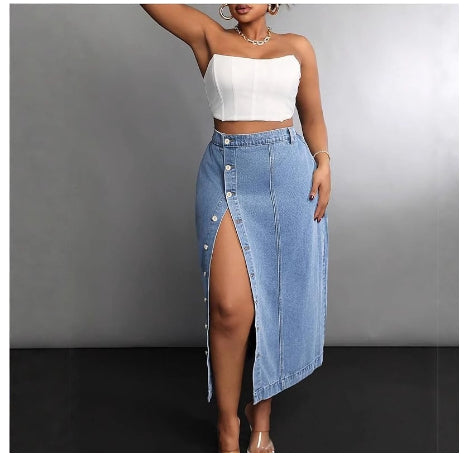 تنورة جينز نسائية أنيقة مقاس كبير بأزرار أمامية | Womens Stylish Plus-Size Denim Skirt With Button Front