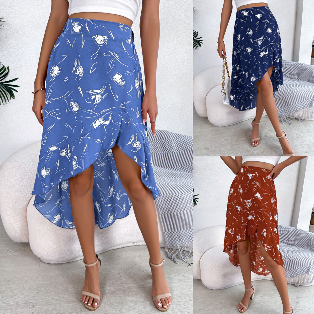 تنورة نسائية كاجوال متوسطة الطول بطبعة زهور وحافة مكشكشة | Womens Casual Mid-Length Skirt With Floral Print And Ruffled Hem