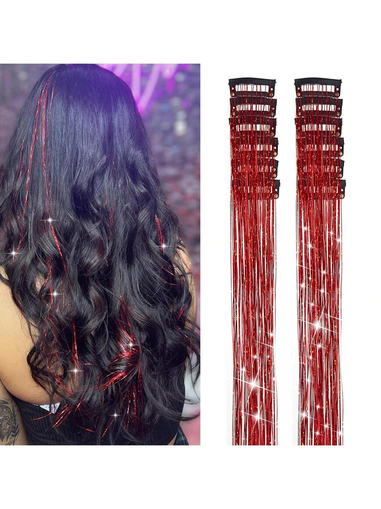 6Pcs Shiny Hair Clips, 23.6 Inch Sequin Hair Extensions Clips, Heat Resistant Glitter Hair Accessories, for Women (Red)