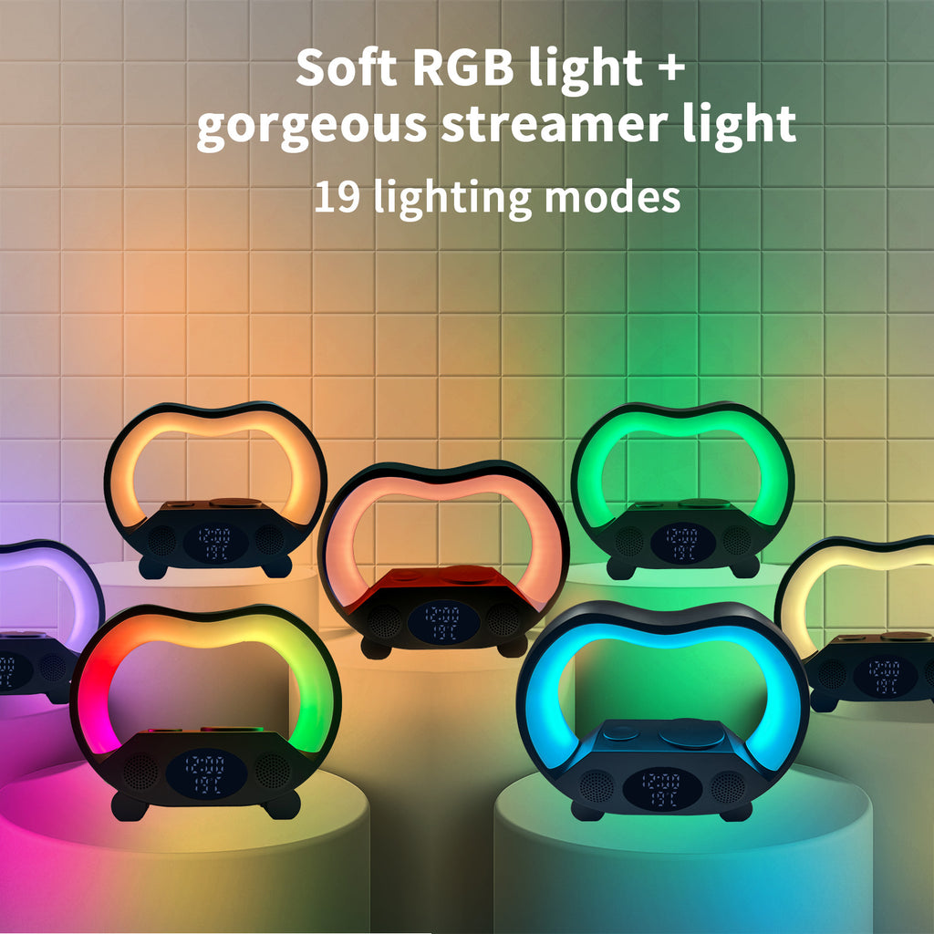 مصباح LED ذكي 6 في 1 مع شاحن لاسلكي وسماعة بلوتوث وتحكم عن بعد | New 6 In 1 Smart Remote Control Bluetooth-compatible Ambience Intelligent LED Table Lamp Multi-function Wireless Charger Night Light Bluetooth-compatible Speaker