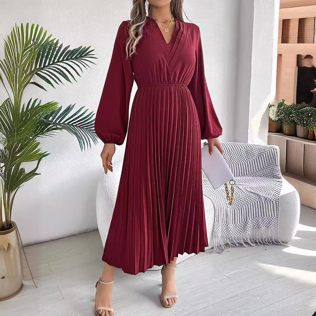 فستان نسائي طويل أنيق مطوي برقبة V وأكمام طويلة | Elegant Womens Long Pleated Dress With A Triple V-Neck Long Sleeves And A Defined Waist