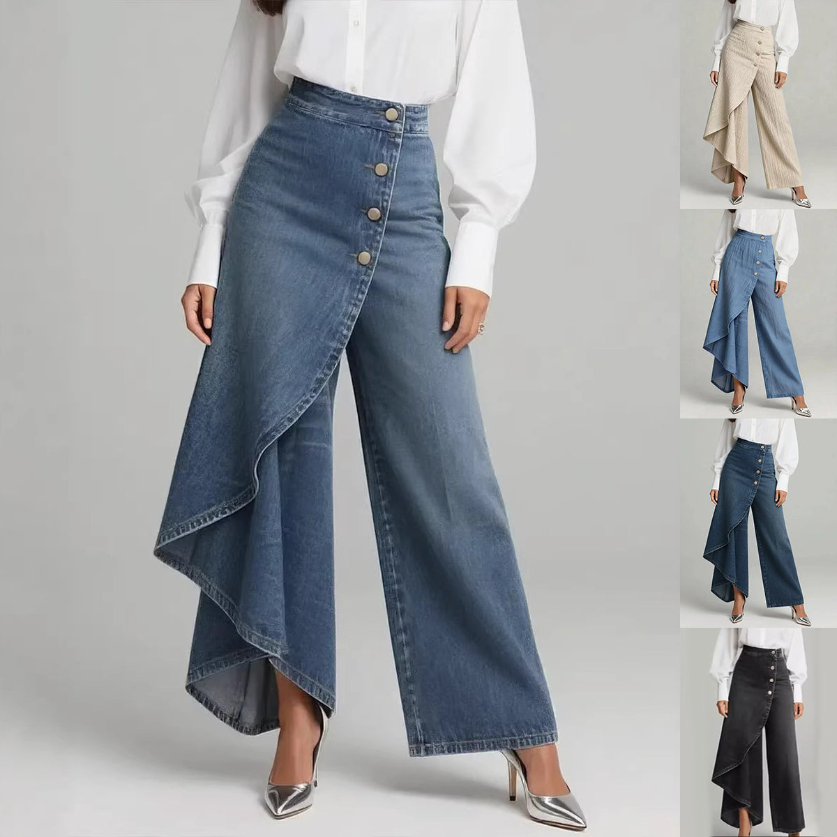 بنطلون نسائي أنيق بأزرار كبيرة | Unique Straight-leg Ruffled Buttons Faux Jeans Women