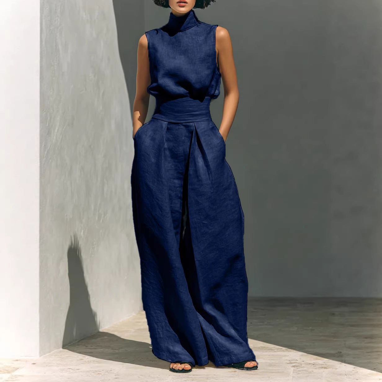 بدلة صيفية كاجوال بدون أكمام بياقة واقفة مع بنطال فضفاض | Casual Sleeveless Suit Summer Stand-up Collar Pullover Top And Loose Straight-leg Trousers