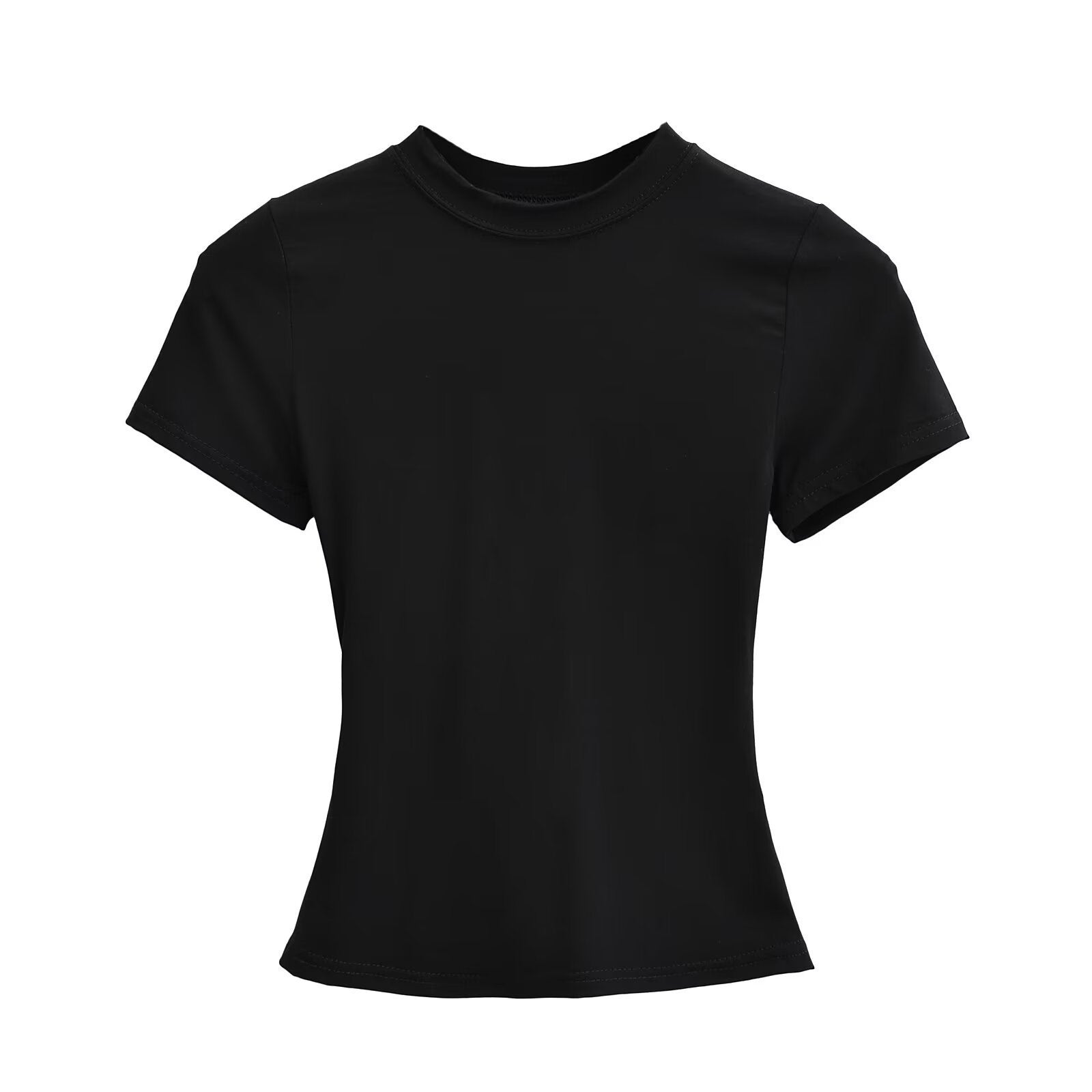 تيشيرت نسائي بياقة مستديرة وأكمام قصيرة | Solid Color Small Round Neck Elastic Shoulder Short Sleeve T-shirt