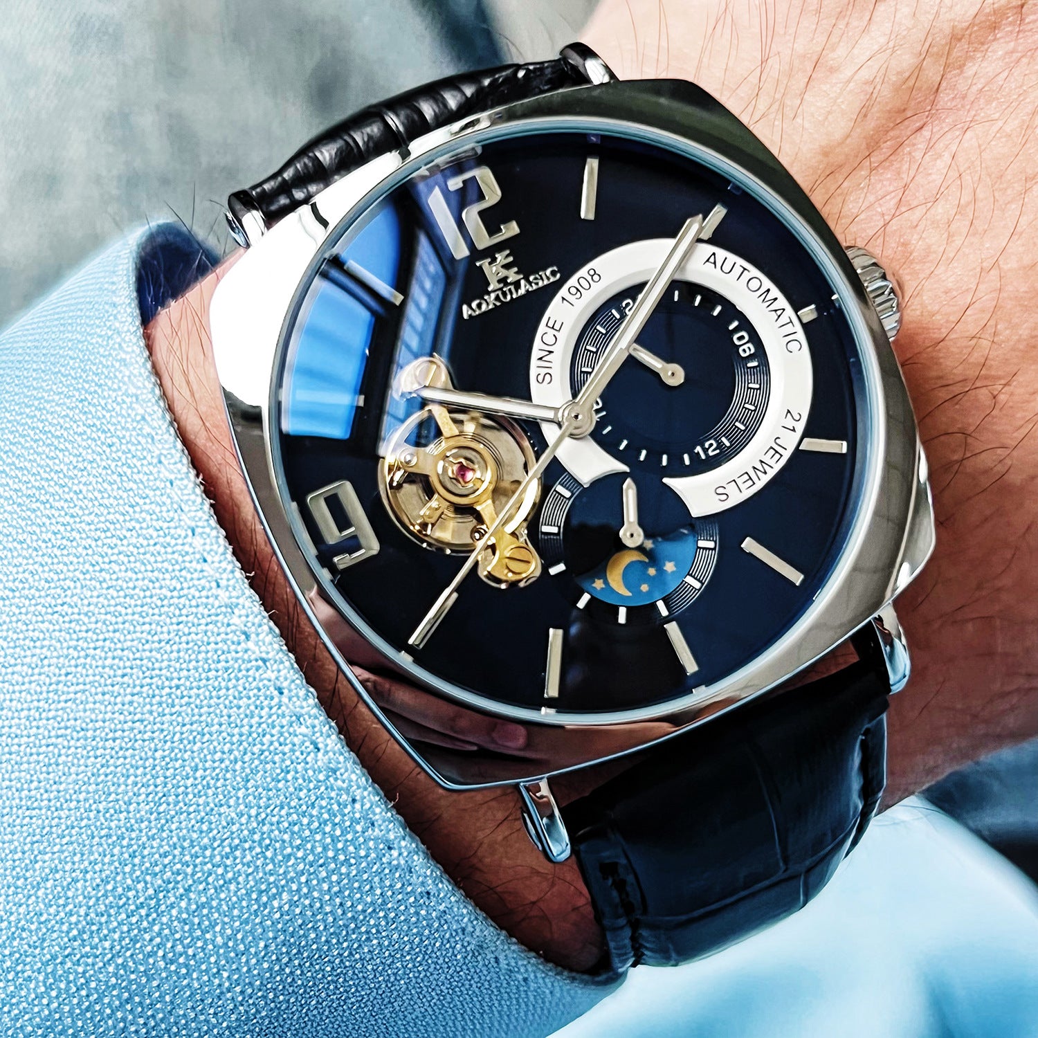 ساعة رجالية ميكانيكية أوتوماتيك مربعة كاجوال | Mens Square Fully Automatic Mechanical Watch Casual Mens Wristwatch