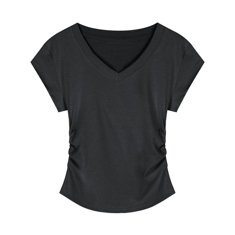تيشيرت نسائي بياقة V وأكمام قصيرة | V-neck Short-sleeved Shoulder T-shirt Design Tight Waist Bottoming Shirt