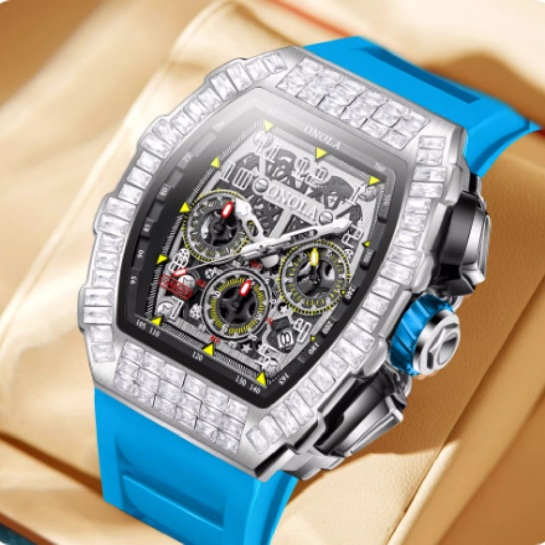 ساعة رجالية فاخرة مربعة بالماس ونقش النجوم | Men's Luxury Square Diamond Watch With Star Pattern