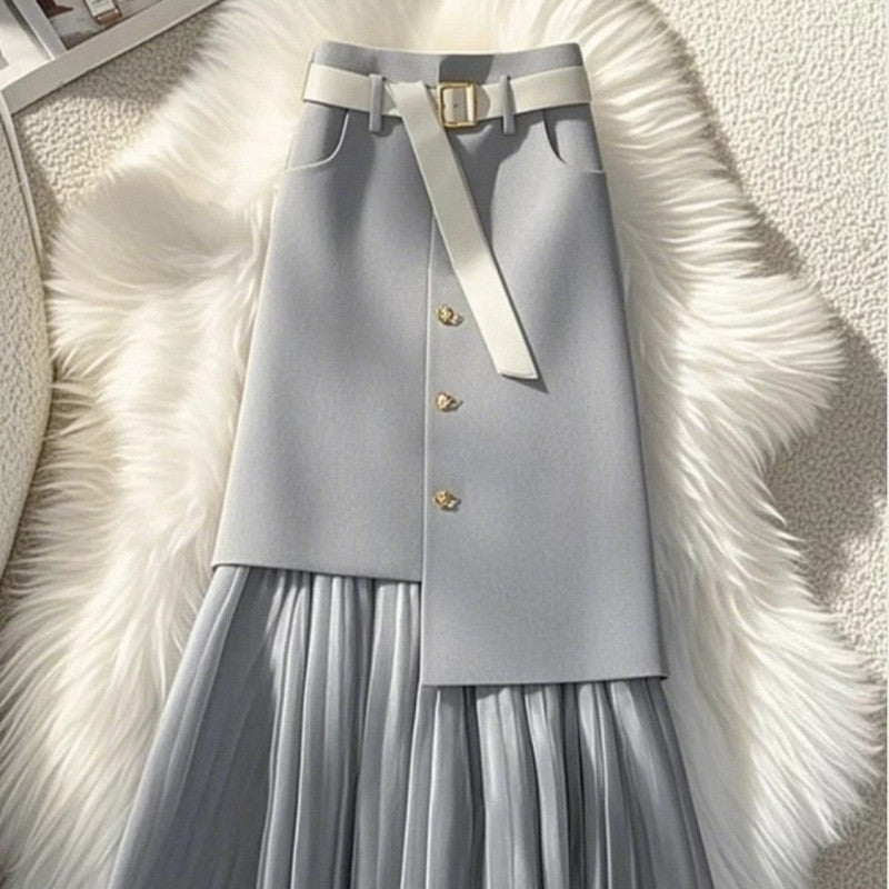 تنورة نسائية مستقيمة متوسطة الطول بتصميم رمادي | Womens Mid-Length Straight Skirt With Gray Patchwork Design