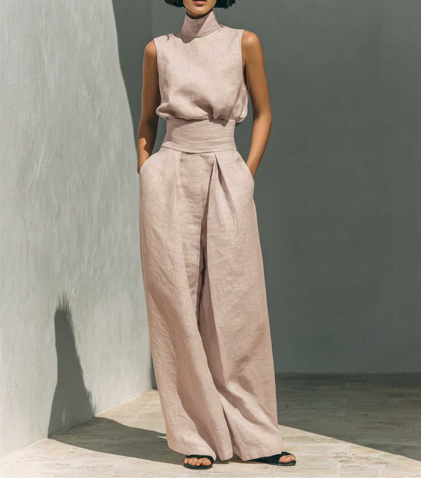 بدلة صيفية كاجوال بدون أكمام بياقة واقفة مع بنطال فضفاض | Casual Sleeveless Suit Summer Stand-up Collar Pullover Top And Loose Straight-leg Trousers