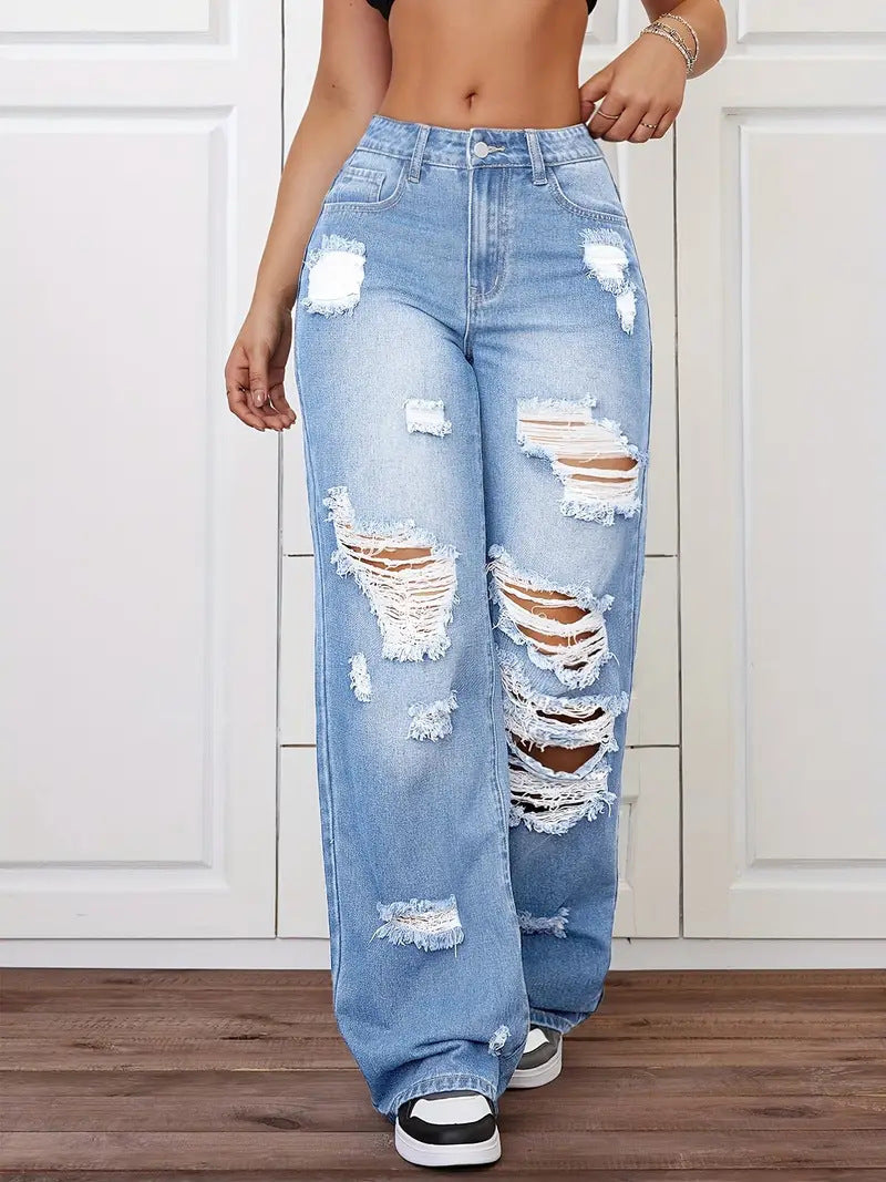 جينز نسائي ممزق ومغسول | Trendy Washed Ripped Straight Jeans For Women