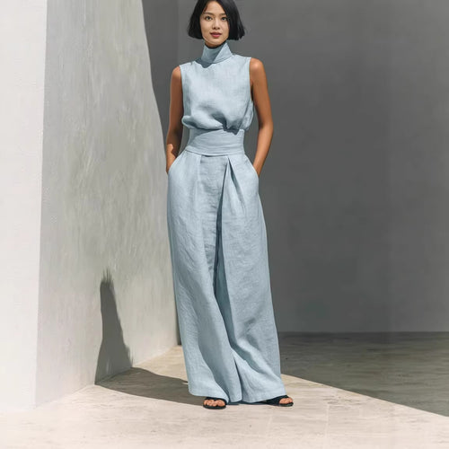 بدلة صيفية كاجوال بدون أكمام بياقة واقفة مع بنطال فضفاض | Casual Sleeveless Suit Summer Stand-up Collar Pullover Top And Loose Straight-leg Trousers